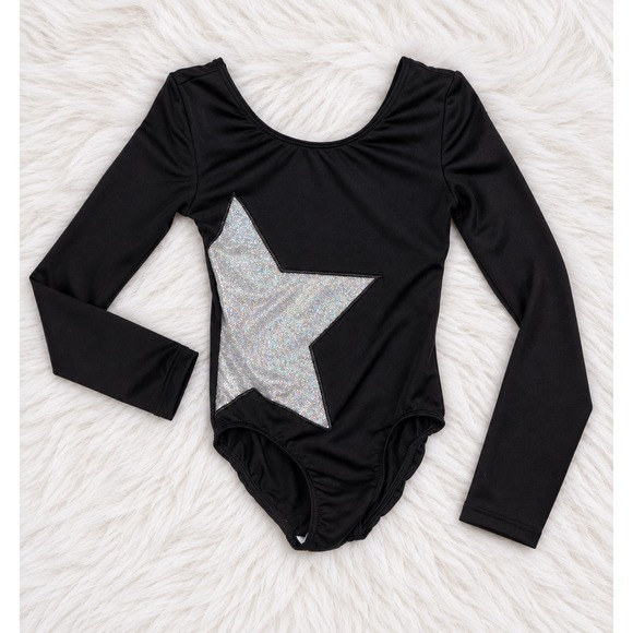More Than Magic Other - More Than Magic Girls Leotard XS 4/5 Black Long Sleeve Silver Holographic Star